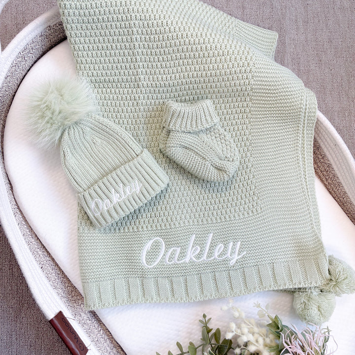 Embroidered Sage Green Blanket, Hat and Booties Baby Hamper Set