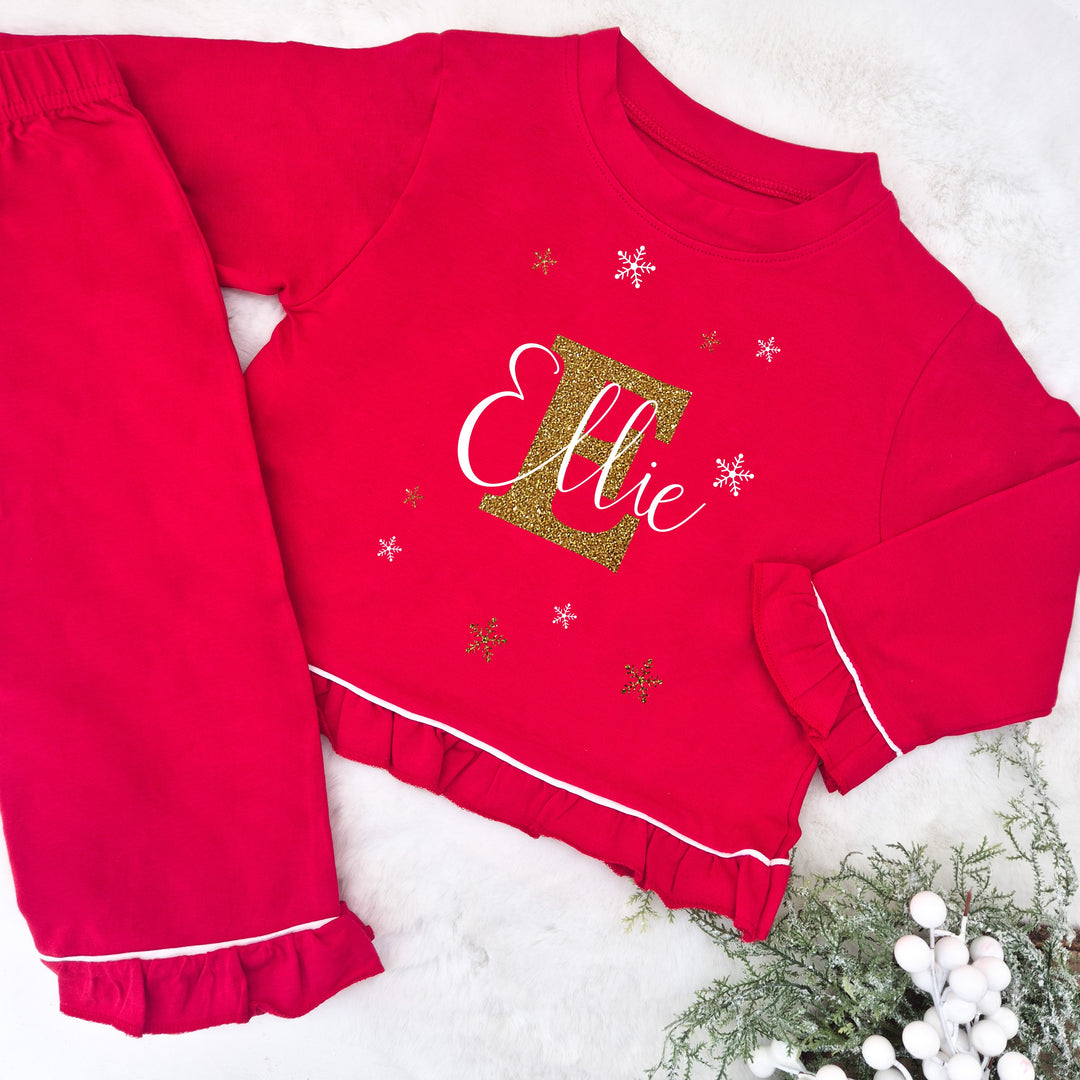 Personalised Red Frilly Gold Glitter Initial Christmas Pyjamas