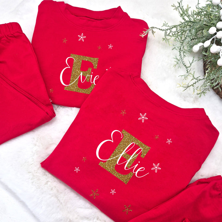 Personalised Red Frilly Gold Glitter Initial Christmas Pyjamas