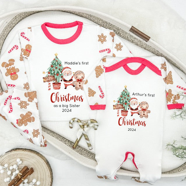 Personalised Christmas Tree Sibling Matching Gingerbread Pyjamas/Babygrow