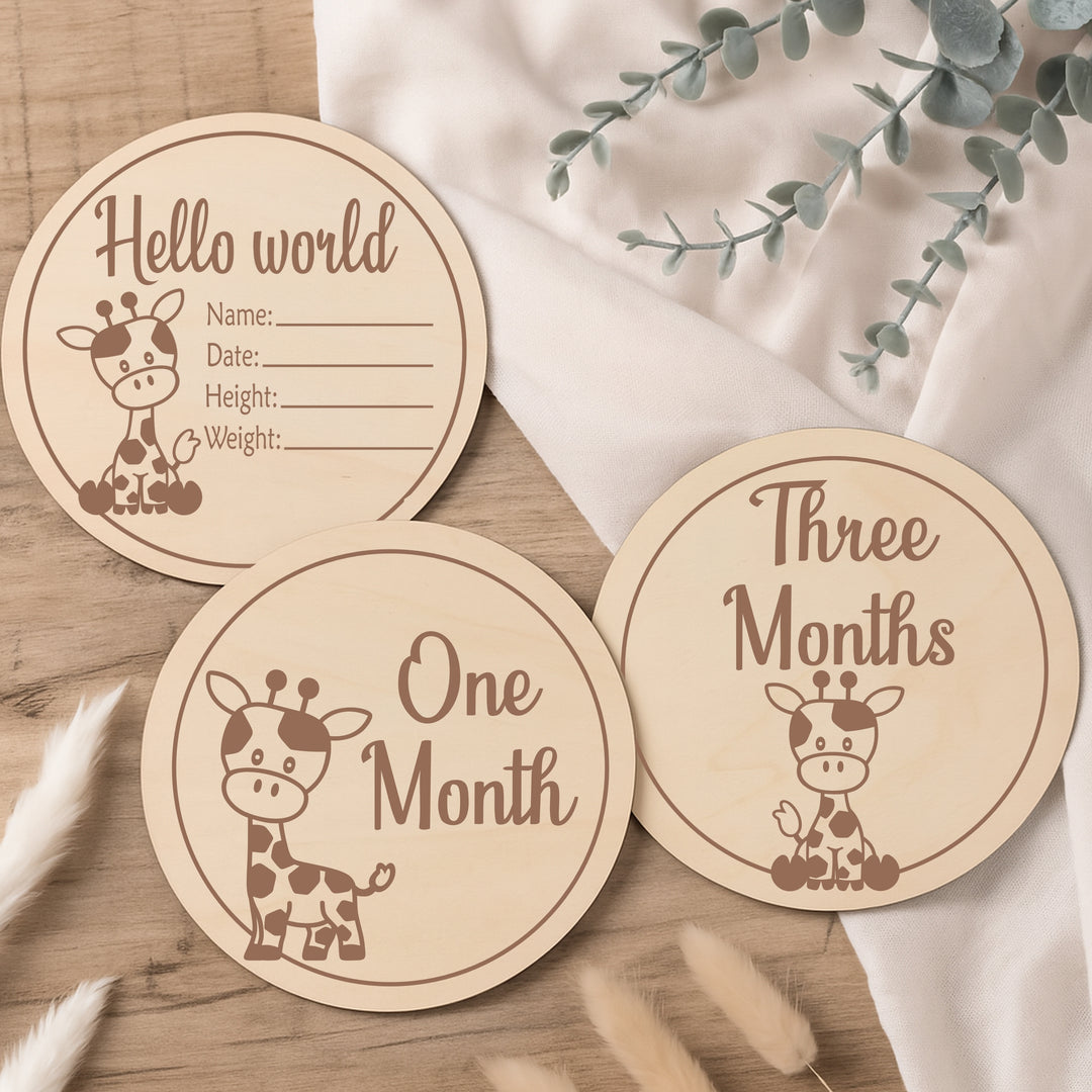 Hello World Giraffe Baby Milestone Wooden Plaque Set