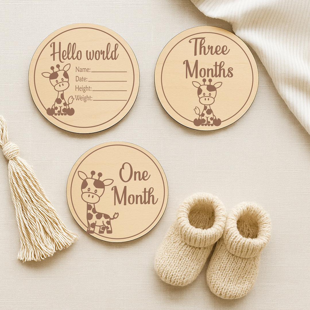 Hello World Giraffe Baby Milestone Wooden Plaque Set