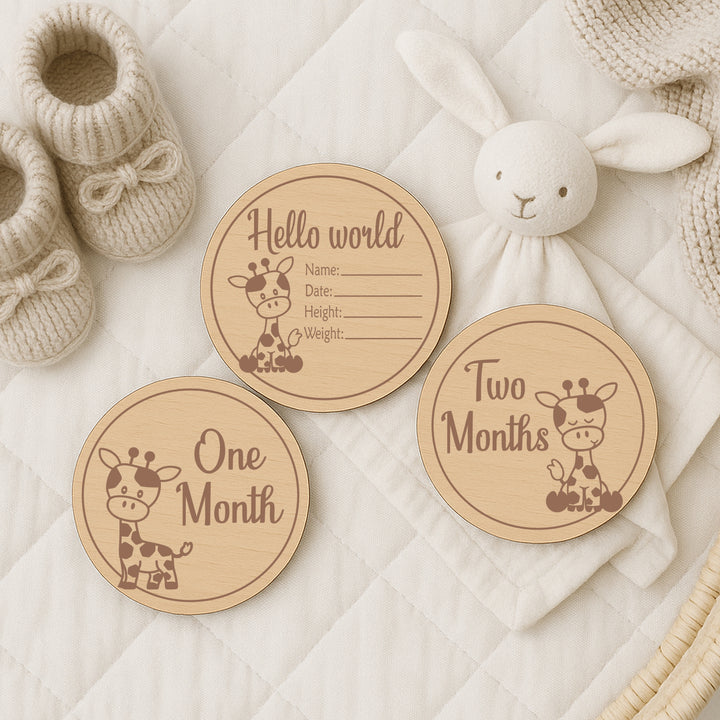 Hello World Giraffe Baby Milestone Wooden Plaque Set