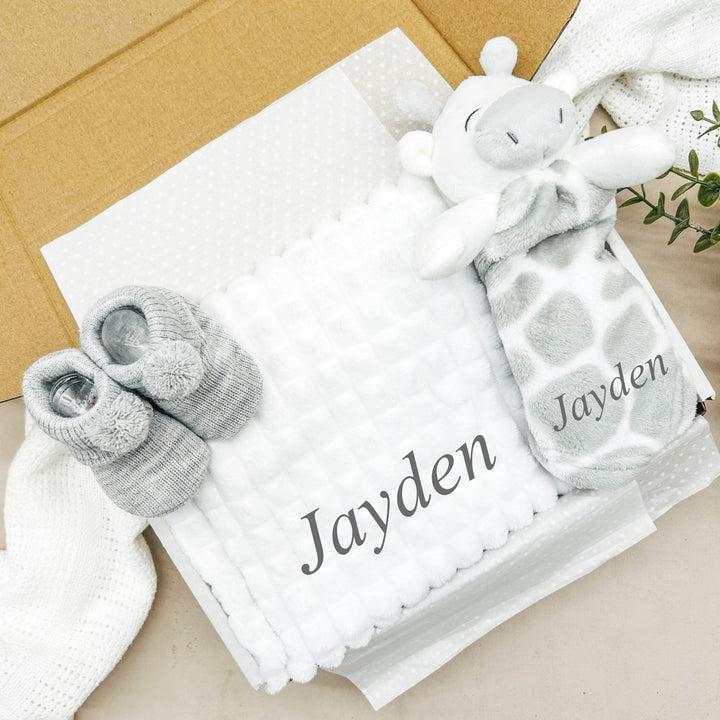 Personalised Embroidered White Blanket and Optional Giraffe Comforter