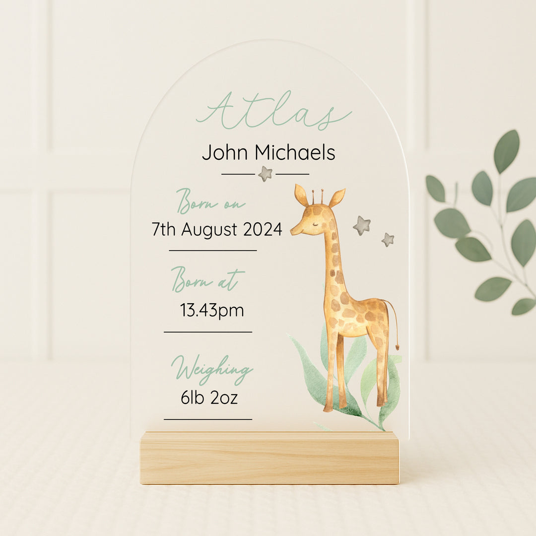 Personalised Giraffe Birth Stats Plaque