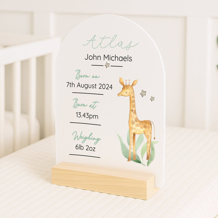 Personalised Giraffe Birth Stats Plaque