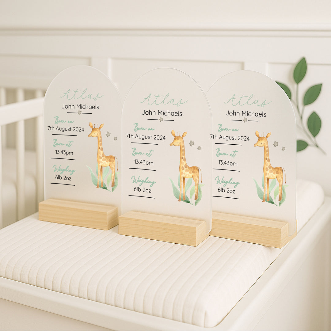 Personalised Giraffe Birth Stats Plaque