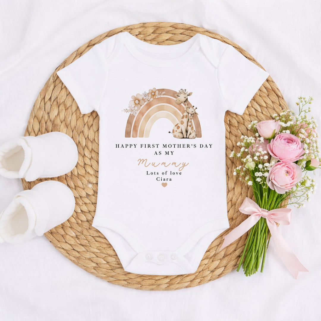 Personalised Beige Rainbow Giraffes Happy Mother's Day Baby Grow, Vest or Bib