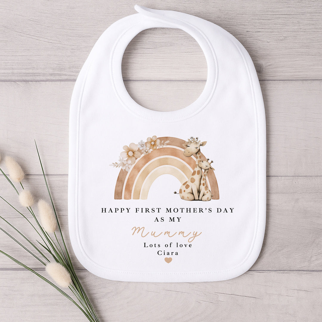 Personalised Beige Rainbow Giraffes Happy Mother's Day Baby Grow, Vest or Bib