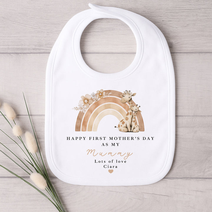 Personalised Beige Rainbow Giraffes Happy Mother's Day Baby Grow, Vest or Bib