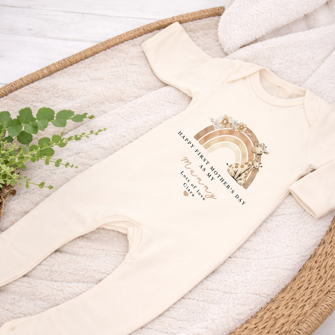 Personalised Beige Rainbow Giraffes Happy Mother's Day Baby Grow, Vest or Bib