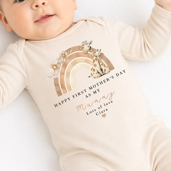 Personalised Beige Rainbow Giraffes Happy Mother's Day Baby Grow, Vest or Bib
