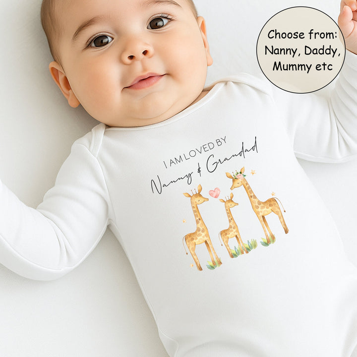 Personalised Giraffes Loved By Nanny Baby Grow or Vest