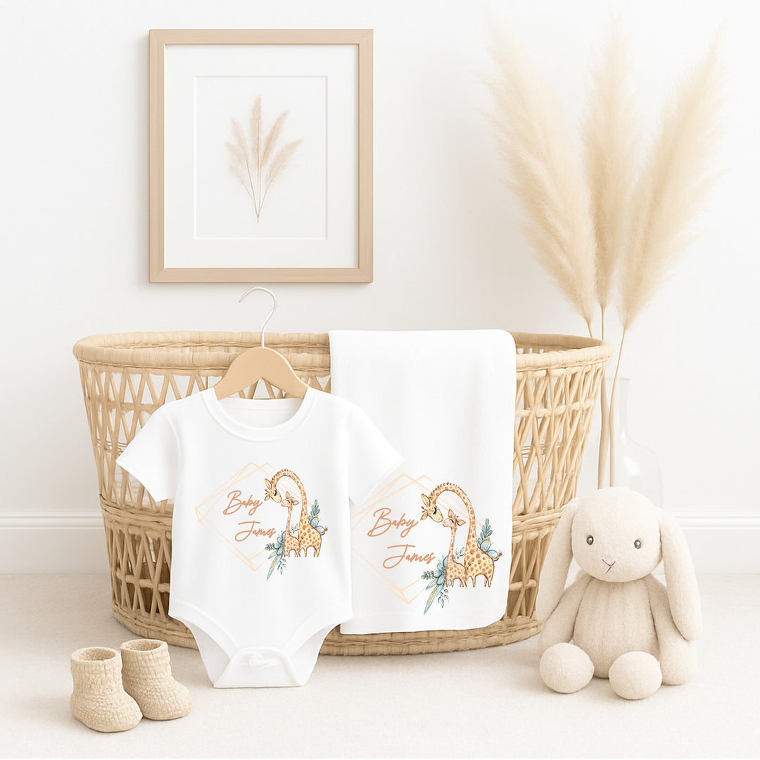 Personalied Giraffe Wreath Baby Vest &amp; Blanket Gift Set