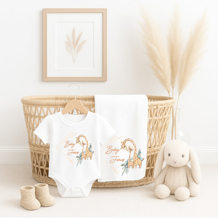 Personalied Giraffe Wreath Baby Vest &amp; Blanket Gift Set