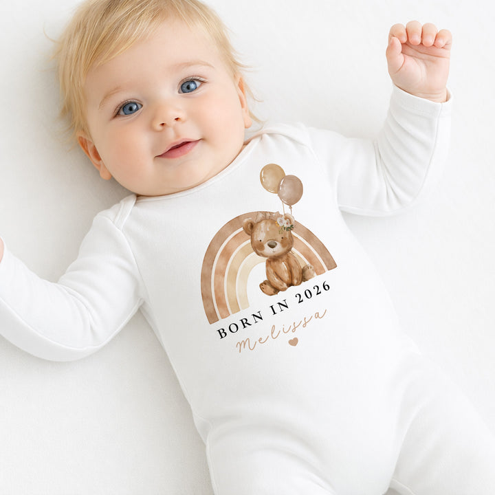 Personalised Girl Beige Bear Rainbow Born in 2026 Baby Grow, Vest or Bib