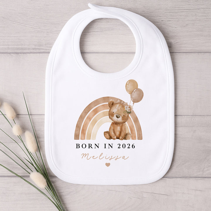 Personalised Girl Beige Bear Rainbow Born in 2026 Baby Grow, Vest or Bib