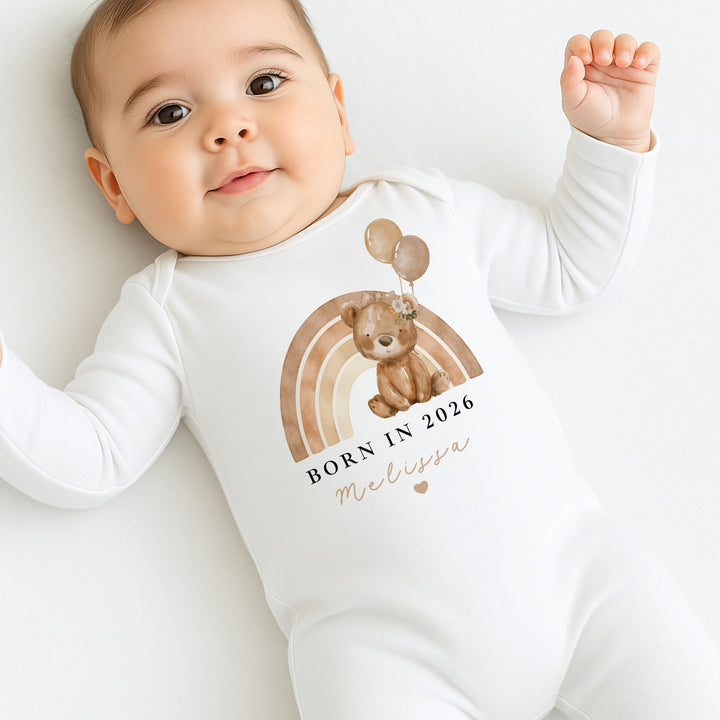 Personalised Girl Beige Bear Rainbow Born in 2026 Baby Grow, Vest or Bib