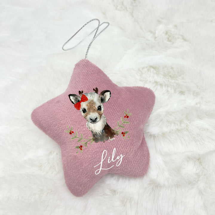 Personalised Girl Deer Star Ornament | Pink, Blue, Grey and White