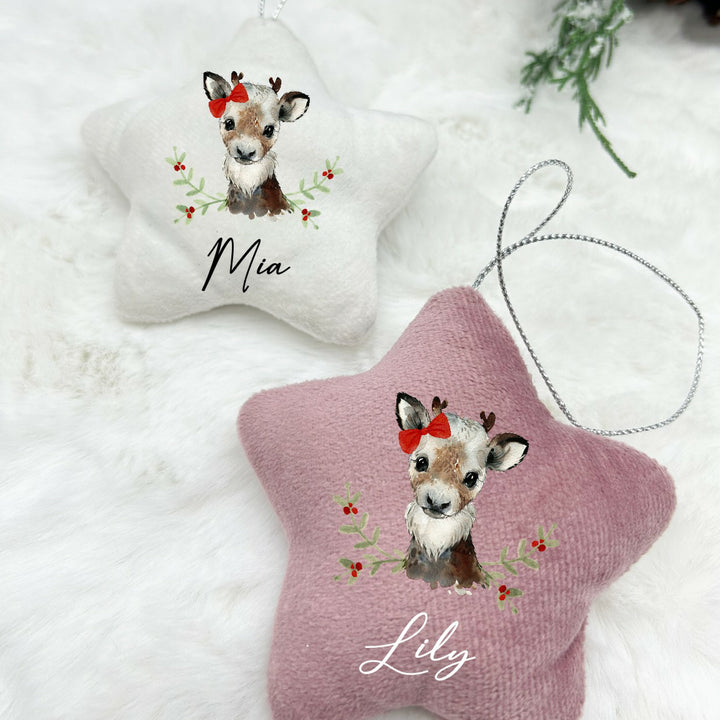 Personalised Girl Deer Star Ornament | Pink, Blue, Grey and White