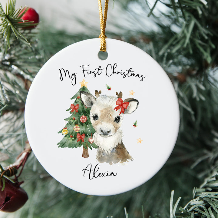 Personalised Girl Reindeer Baby's First Christmas Ceramic Ornament