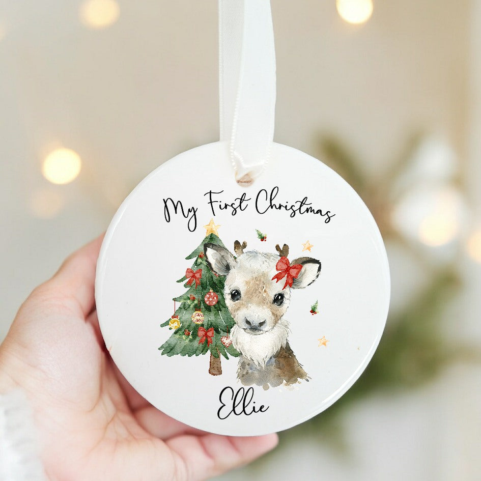 Personalised Girl Reindeer Baby's First Christmas Ceramic Ornament