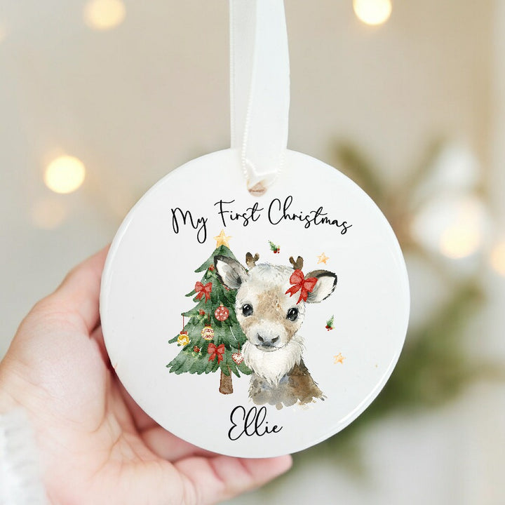 Personalised Girl Reindeer Baby's First Christmas Ceramic Ornament