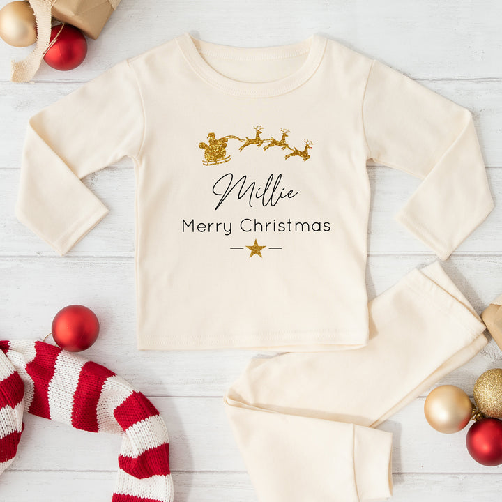 Personalised Gold Glitter Sleigh Sibling Matching Pyjamas/Babygrow