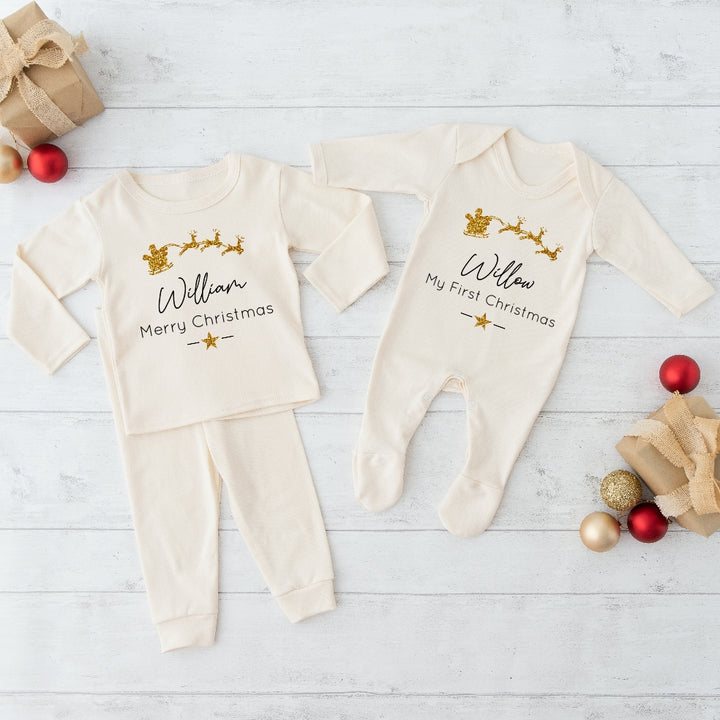 Personalised Gold Glitter Sleigh Sibling Matching Pyjamas/Babygrow