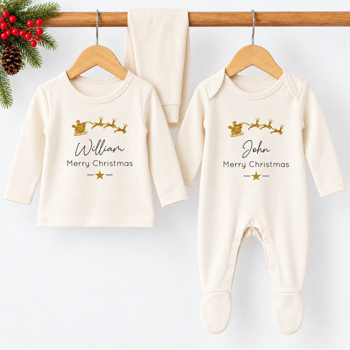 Personalised Gold Glitter Sleigh Christmas Sibling Matching Pyjamas or Baby Grow