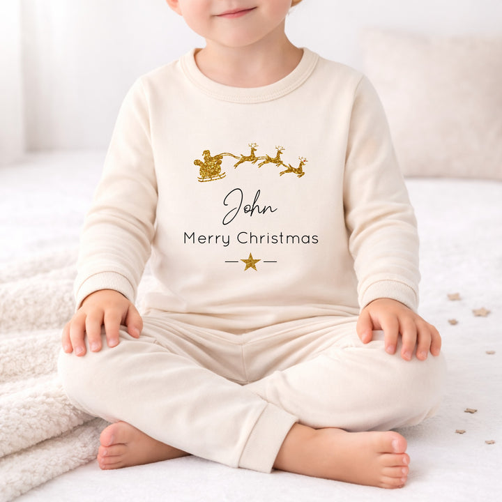 Personalised Gold Glitter Sleigh Christmas Sibling Matching Pyjamas or Baby Grow