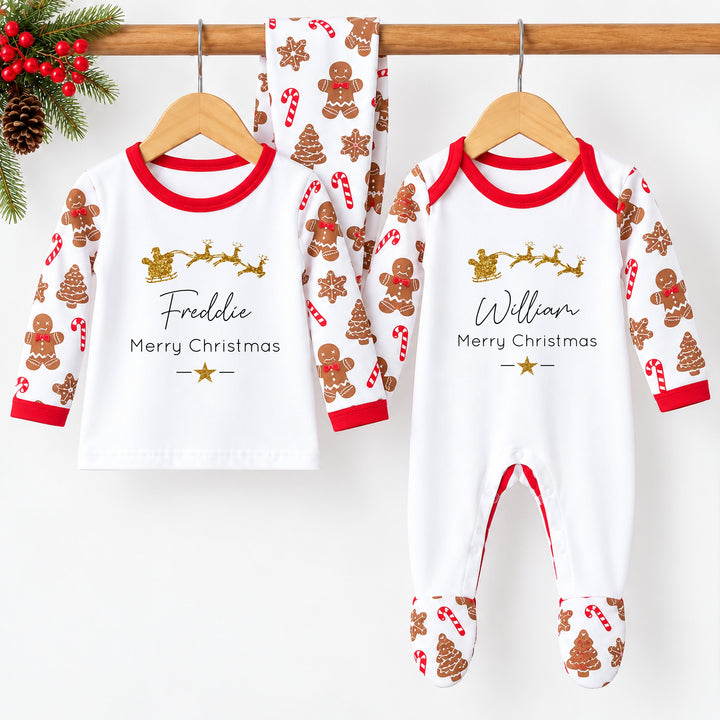Personalised Gold Glitter Sleigh Christmas Sibling Matching Pyjamas or Baby Grow