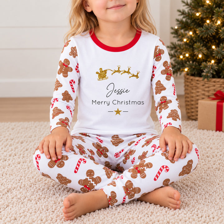 Personalised Gold Glitter Sleigh Christmas Sibling Matching Pyjamas or Baby Grow