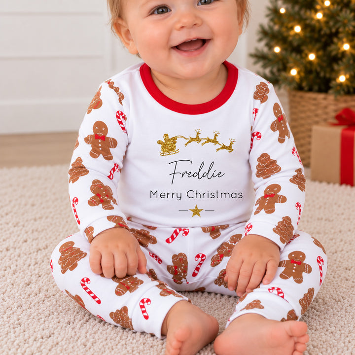 Personalised Gold Glitter Sleigh Christmas Sibling Matching Pyjamas or Baby Grow