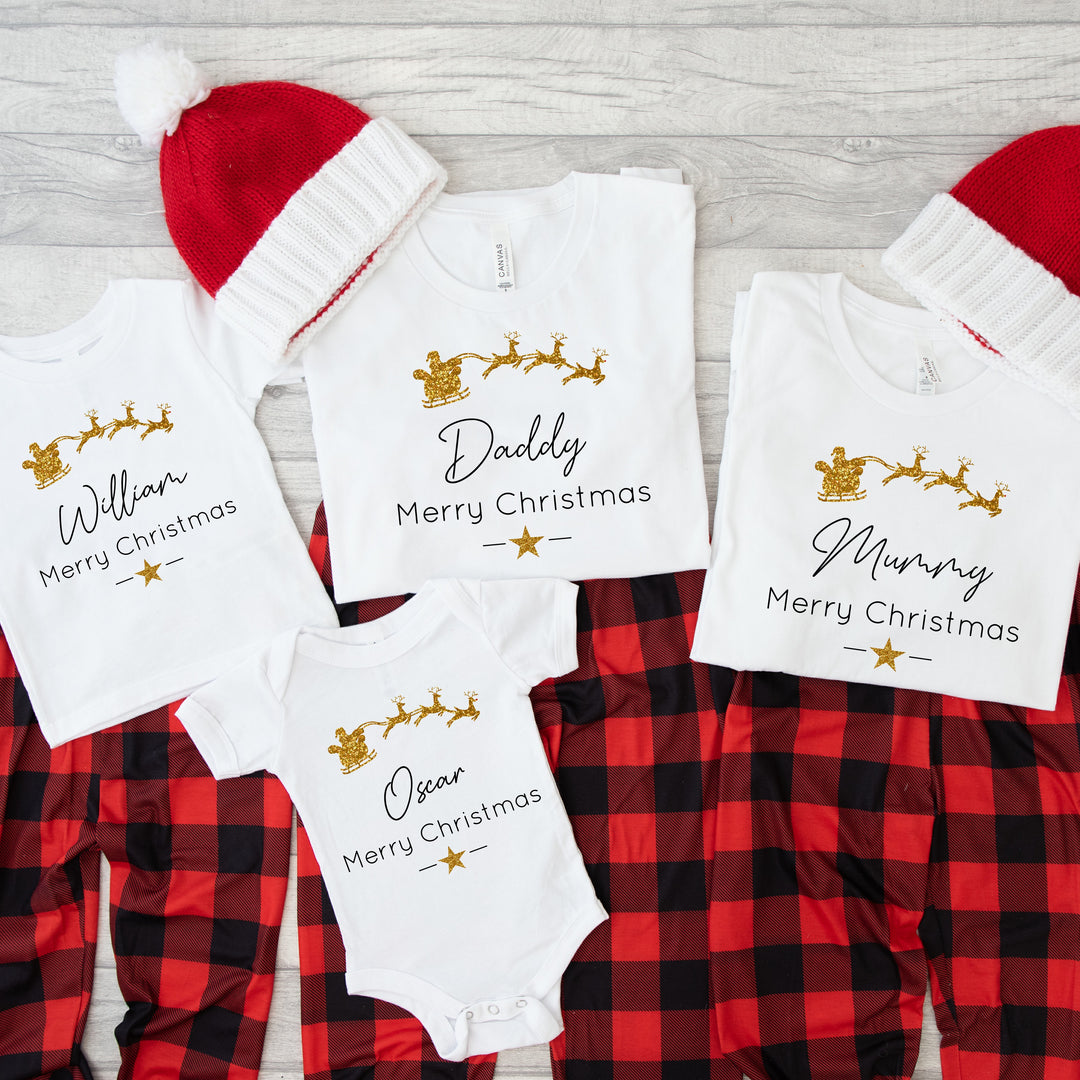 Personalised Gold Glitter Sleigh Matching Christmas T-shirts With Optional Trousers