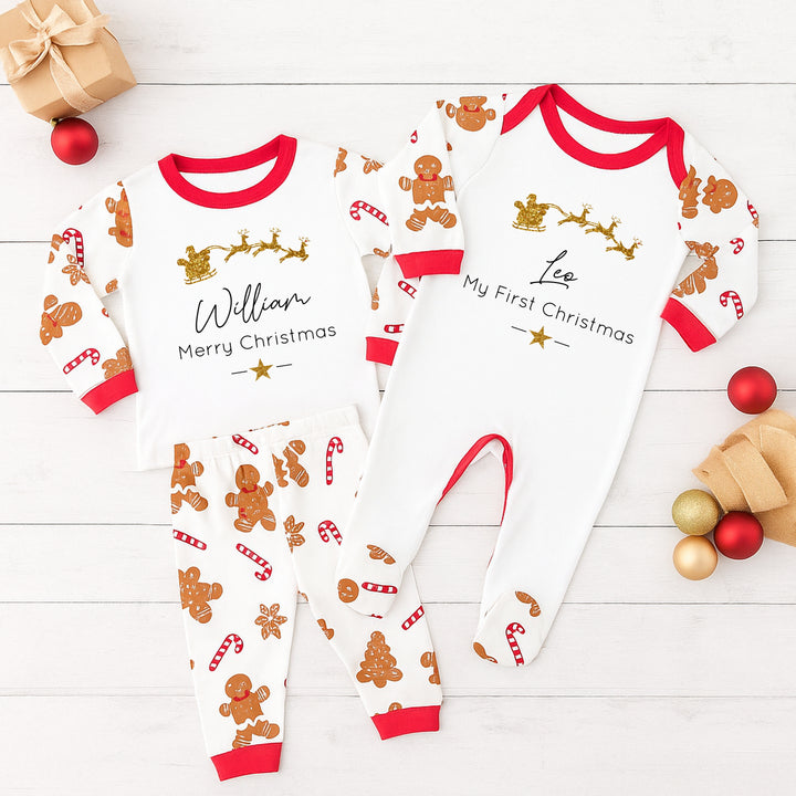 Personalised Gold Glitter Sleigh Christmas Sibling Matching Pyjamas or Baby Grow