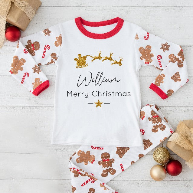 Personalised Gold Glitter Sleigh Sibling Matching Gingerbread Pyjamas/Babygrow