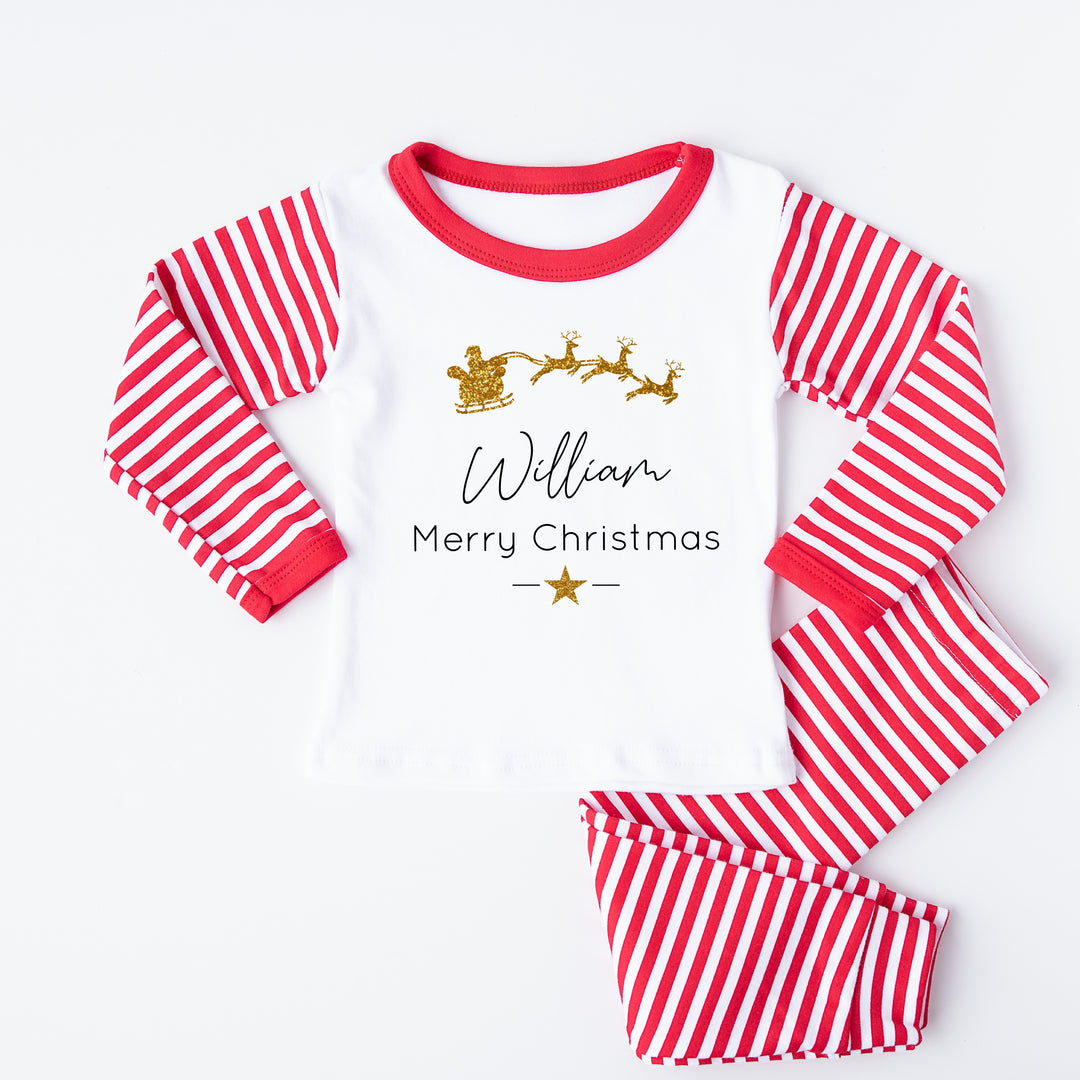 Personalised Gold Glitter Sleigh Christmas Pyjamas