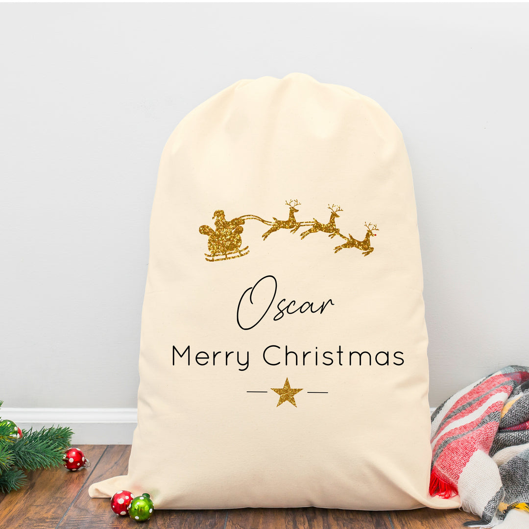 Personalised Gold Santa Sleigh Santa Sack