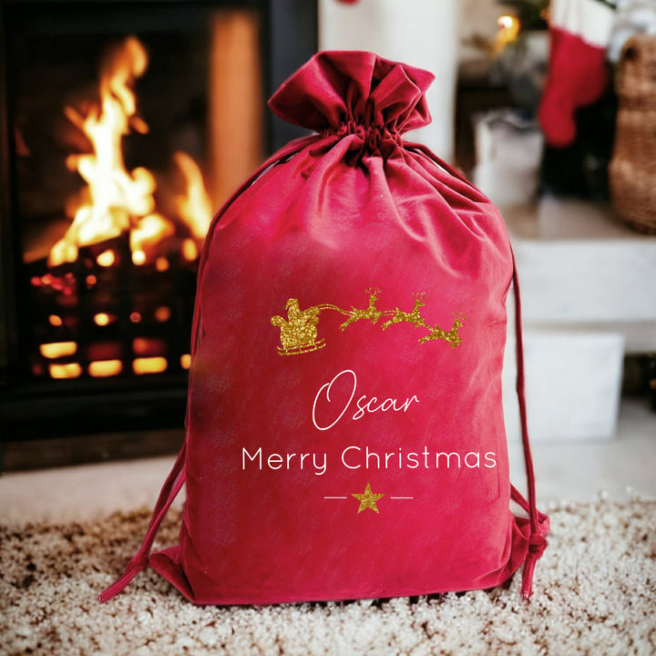 Personalised Merry Christmas Gold Santa Sleigh Sack