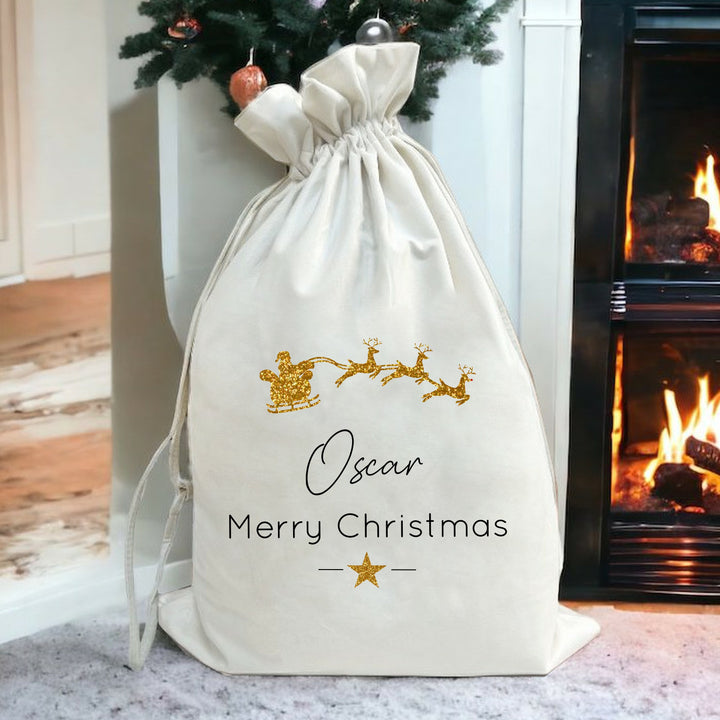 Personalised Merry Christmas Gold Santa Sleigh Sack