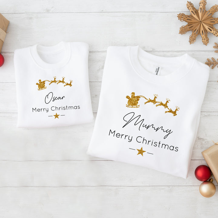 Personalised Gold Glitter Santa Sleigh Matching Sweatshirts