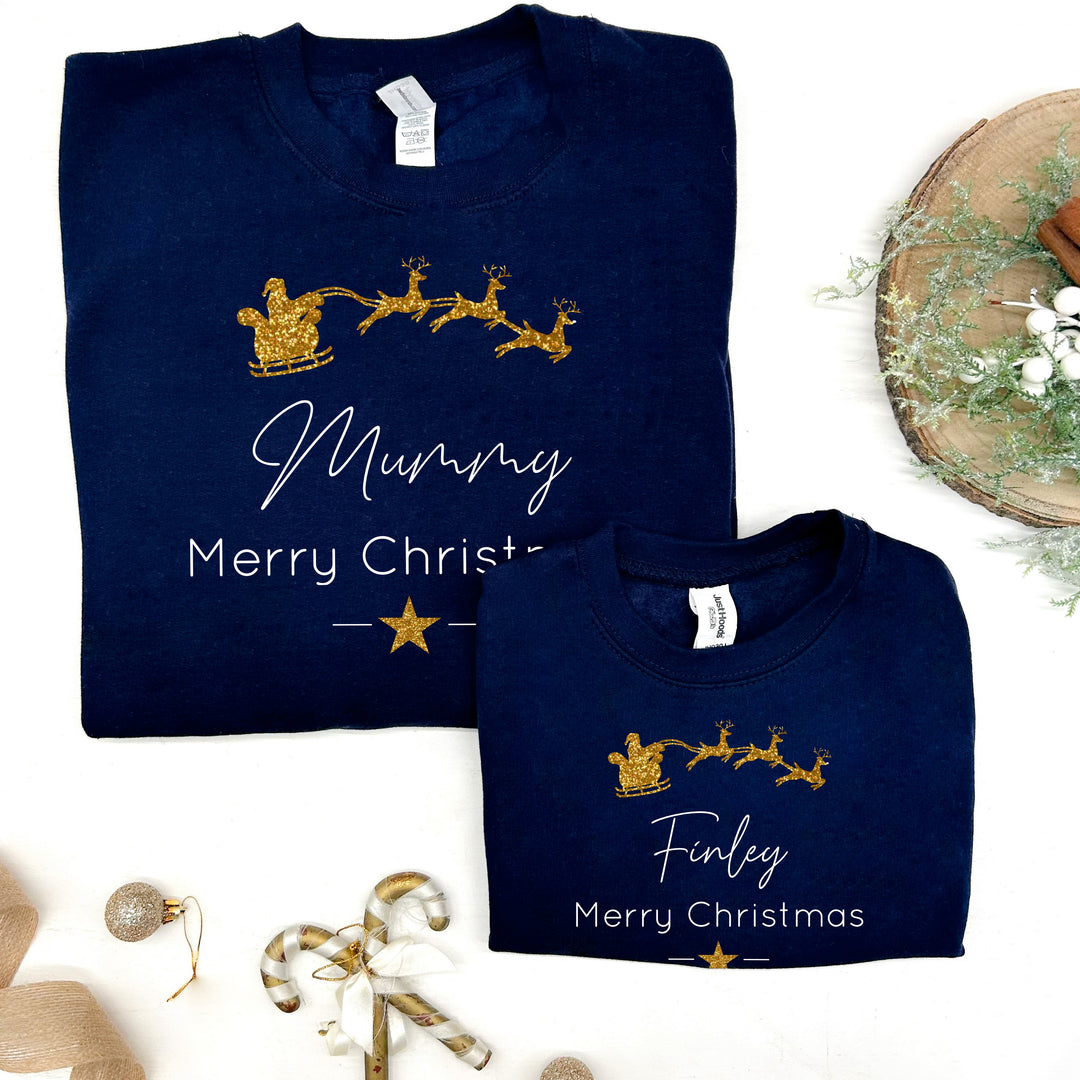 Personalised Gold Glitter Santa Sleigh Matching Sweatshirts