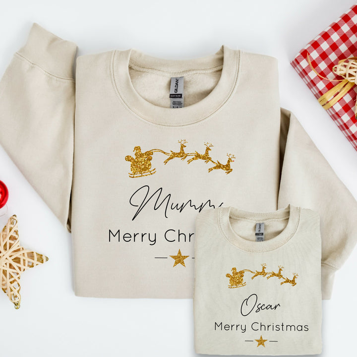 Personalised Gold Glitter Santa Sleigh Matching Sweatshirts