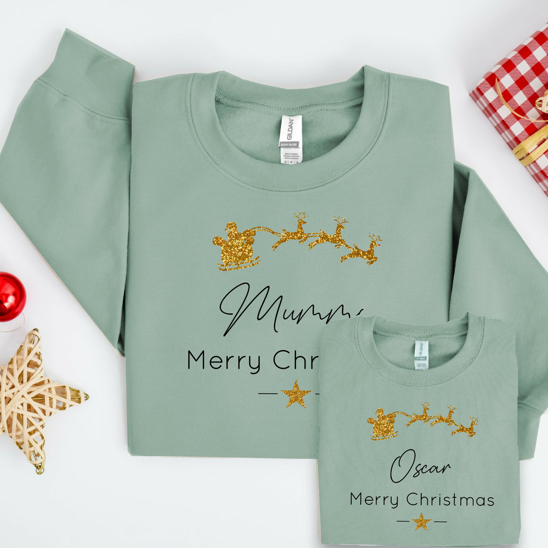 Personalised Gold Glitter Santa Sleigh Matching Sweatshirts