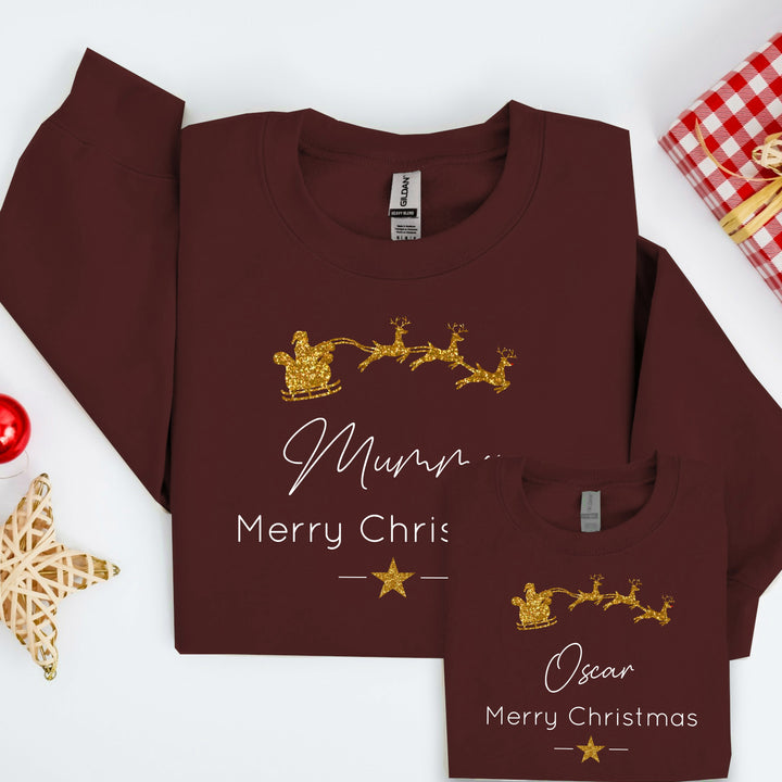 Personalised Gold Glitter Santa Sleigh Matching Sweatshirts