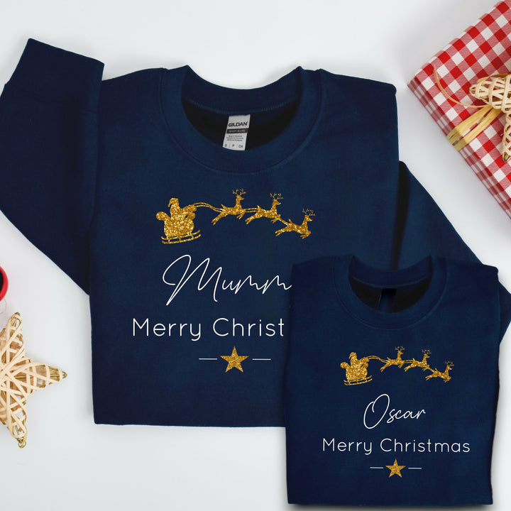 Personalised Gold Glitter Santa Sleigh Matching Sweatshirts