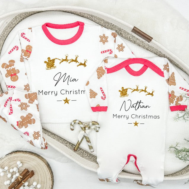 Personalised Gold Glitter Sleigh Sibling Matching Gingerbread Pyjamas/Babygrow