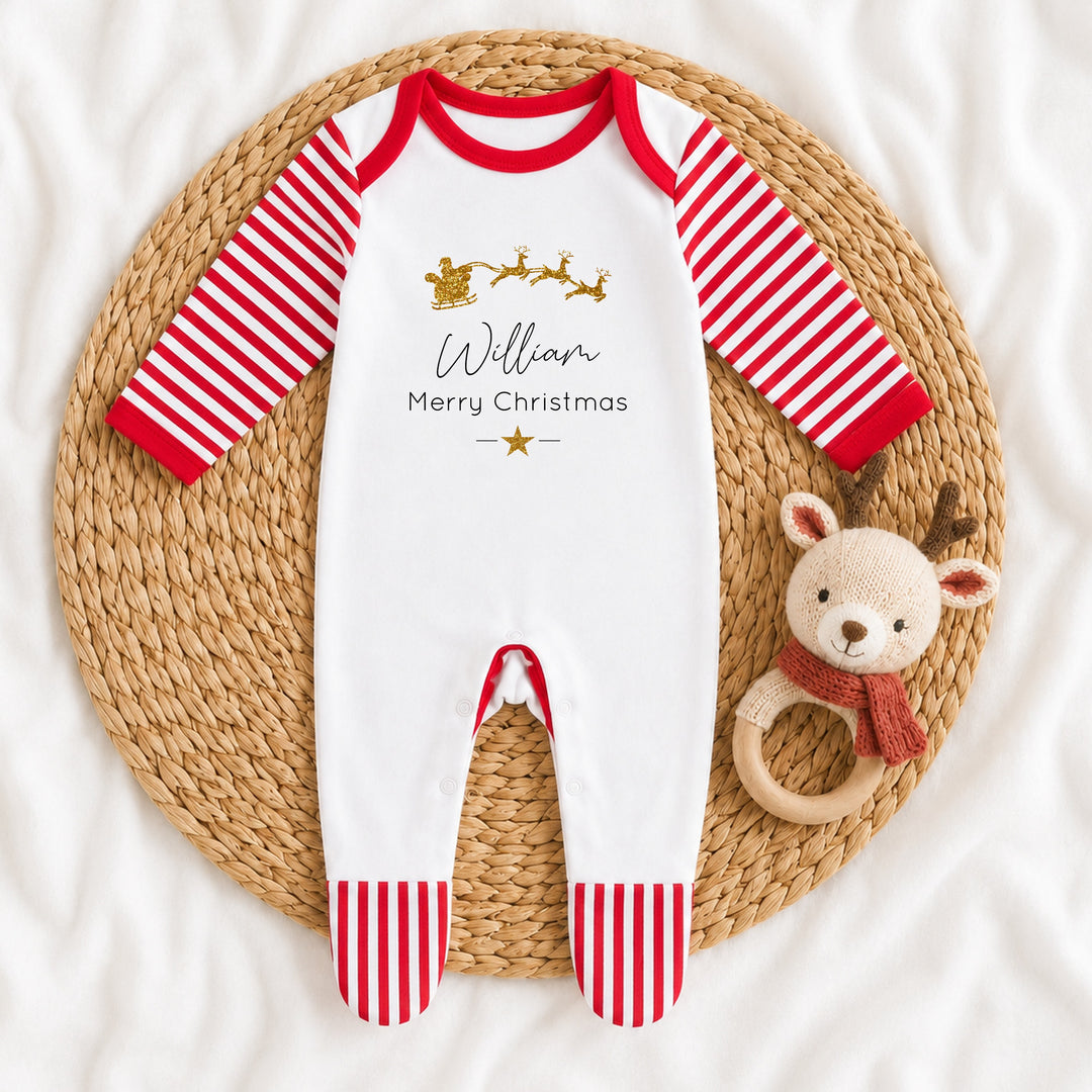 Personalised Gold Glitter Sleigh My First Christmas Baby Grow or Bib