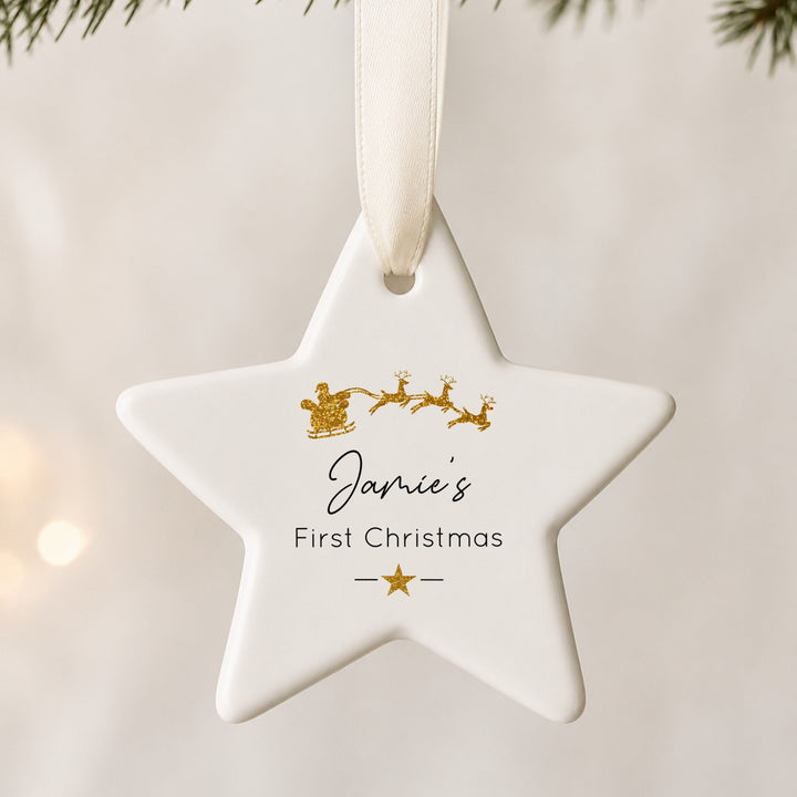 Personalised Gold Glitter Sleigh Star My First Christmas Bauble